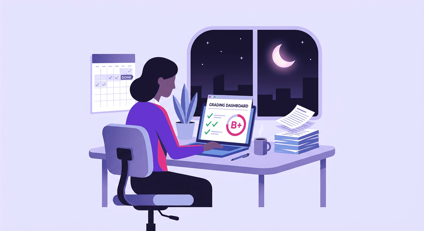Ilustração de uma mesa de professor com notebook mostrando correções e uma nota sugerida.