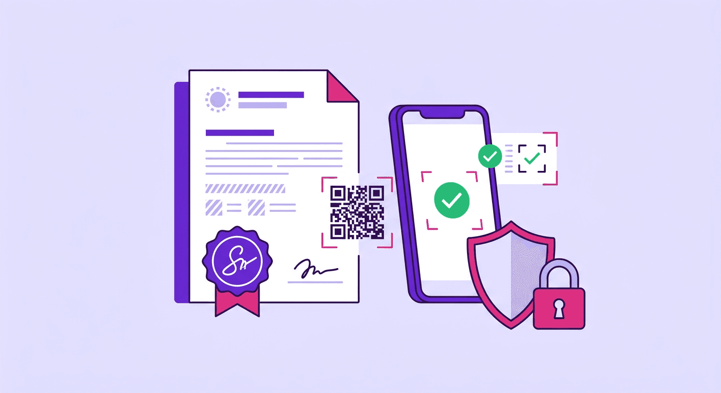 Ilustração de um documento com selo de assinatura digital e QR code sendo verificado por um celular.